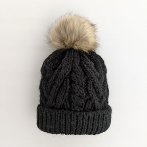 Huggalugs Cable Knit Fur Pom Hat, Grey