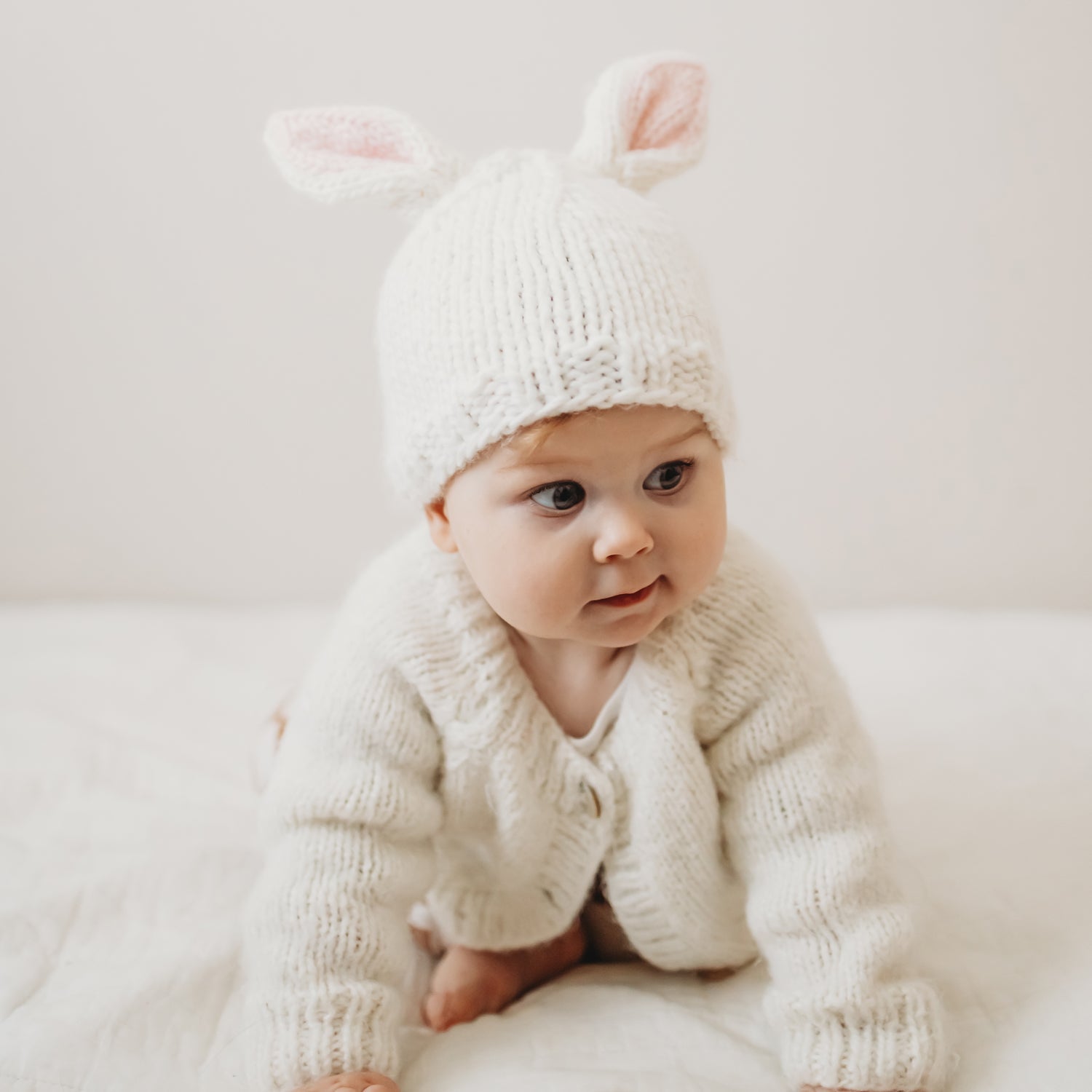 Bunny Ears White Beanie Hat for Babies Toddlers Kids Huggalugs