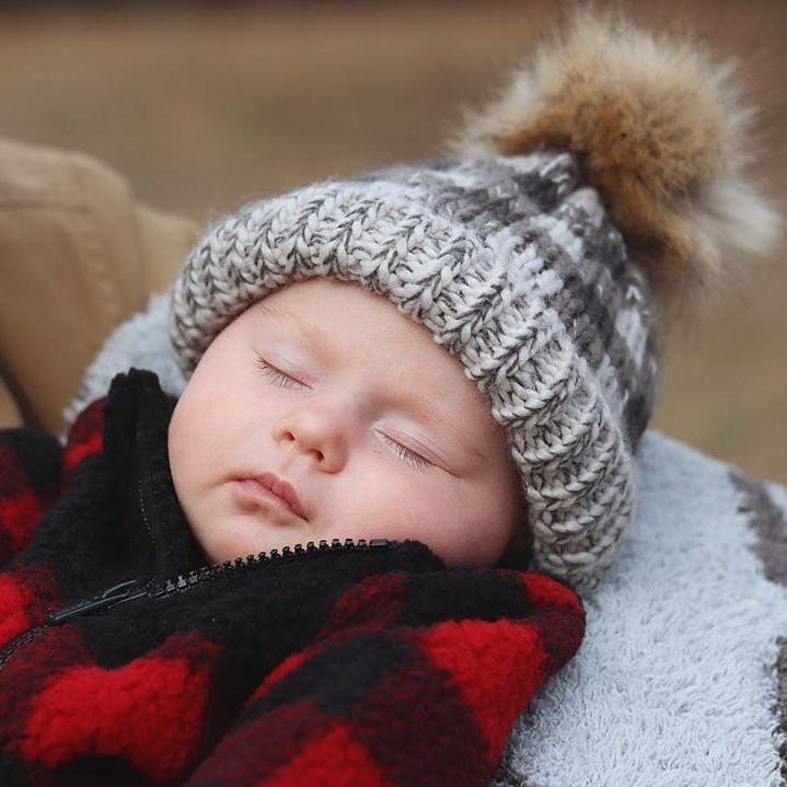 Grey Buffalo Check Pom Pom Beanie Hat - Beanie Hats