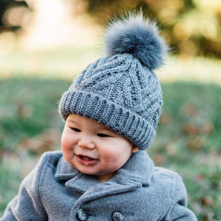 Grey Pop Pom Pom Beanie Hat for Babies thru Adults Huggalugs