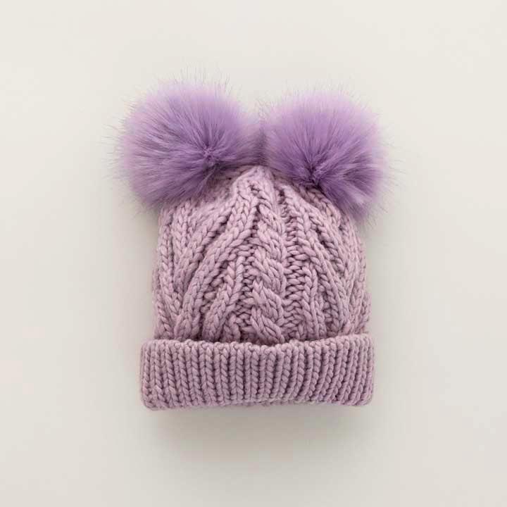 Wool newest Adult Hand Knit Hat with Faux Fur Pom Pom Simplicity Beanie Luxury Beanie Lilac Purple Trendy