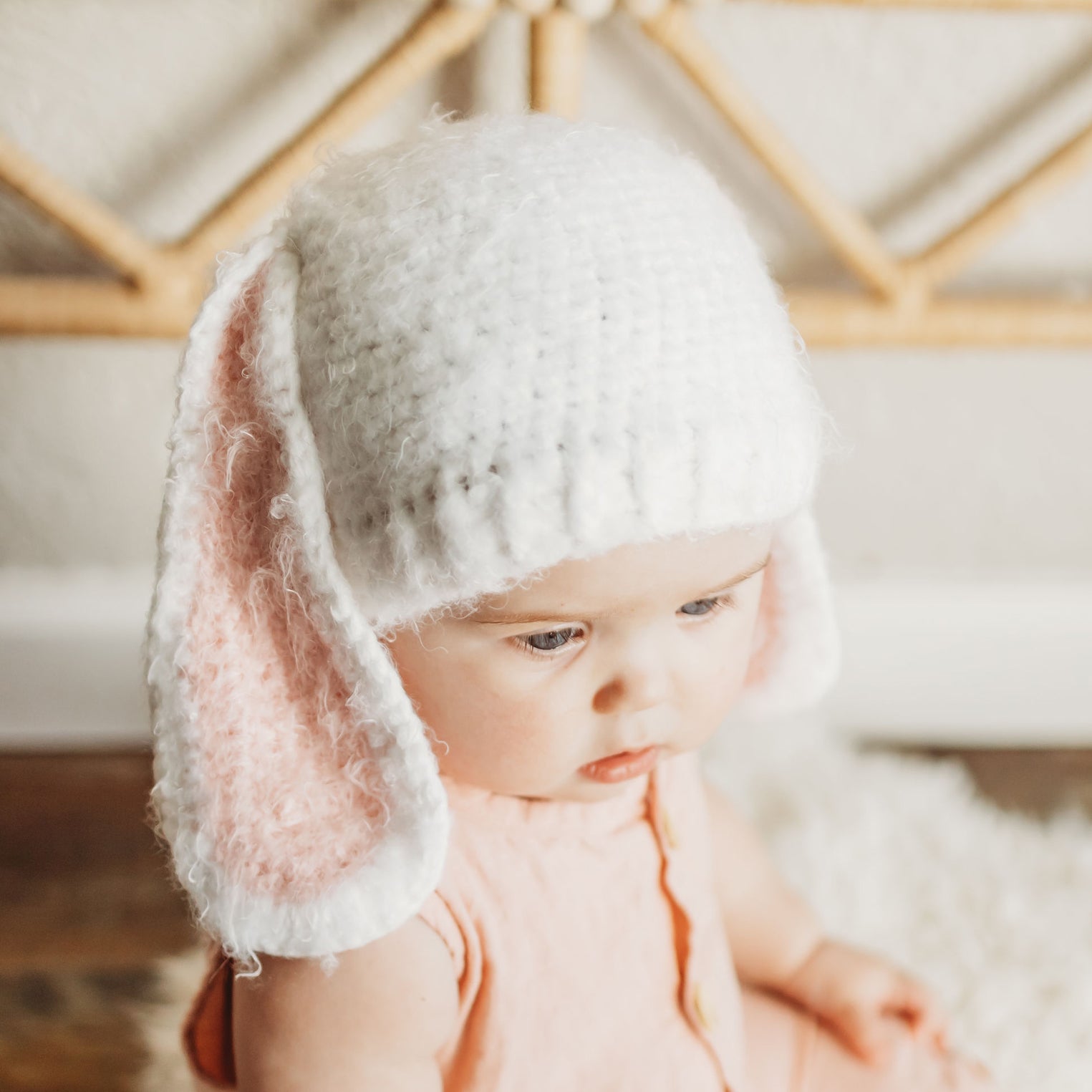 Huggalugs Lop Ear Bunny White Beanie Hat 6 24M