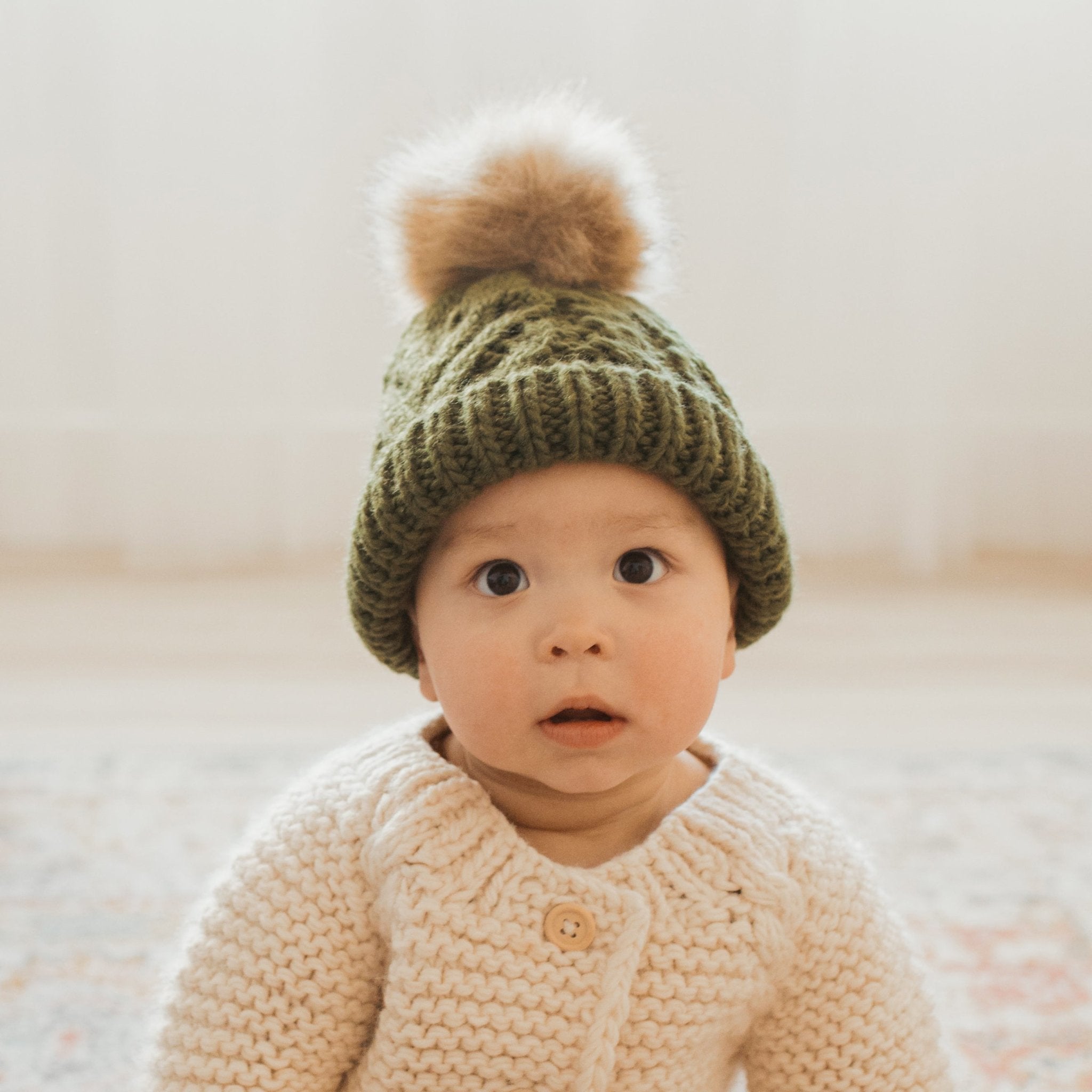 Beanie Pom Pom Hat, Khaki with Fur / Kid