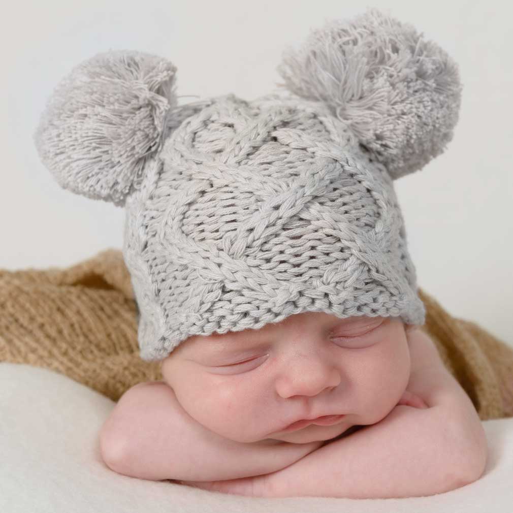 Newborn Aran Birch Double Pom Pom Beanie Hat - Newborn Knits