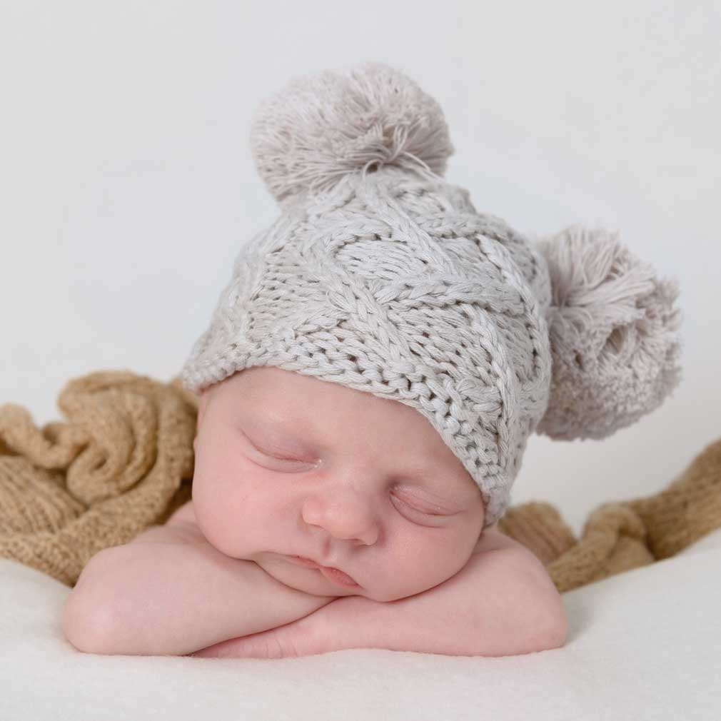 Newborn Aran Birch Double Pom Pom Beanie Hat - Newborn Knits