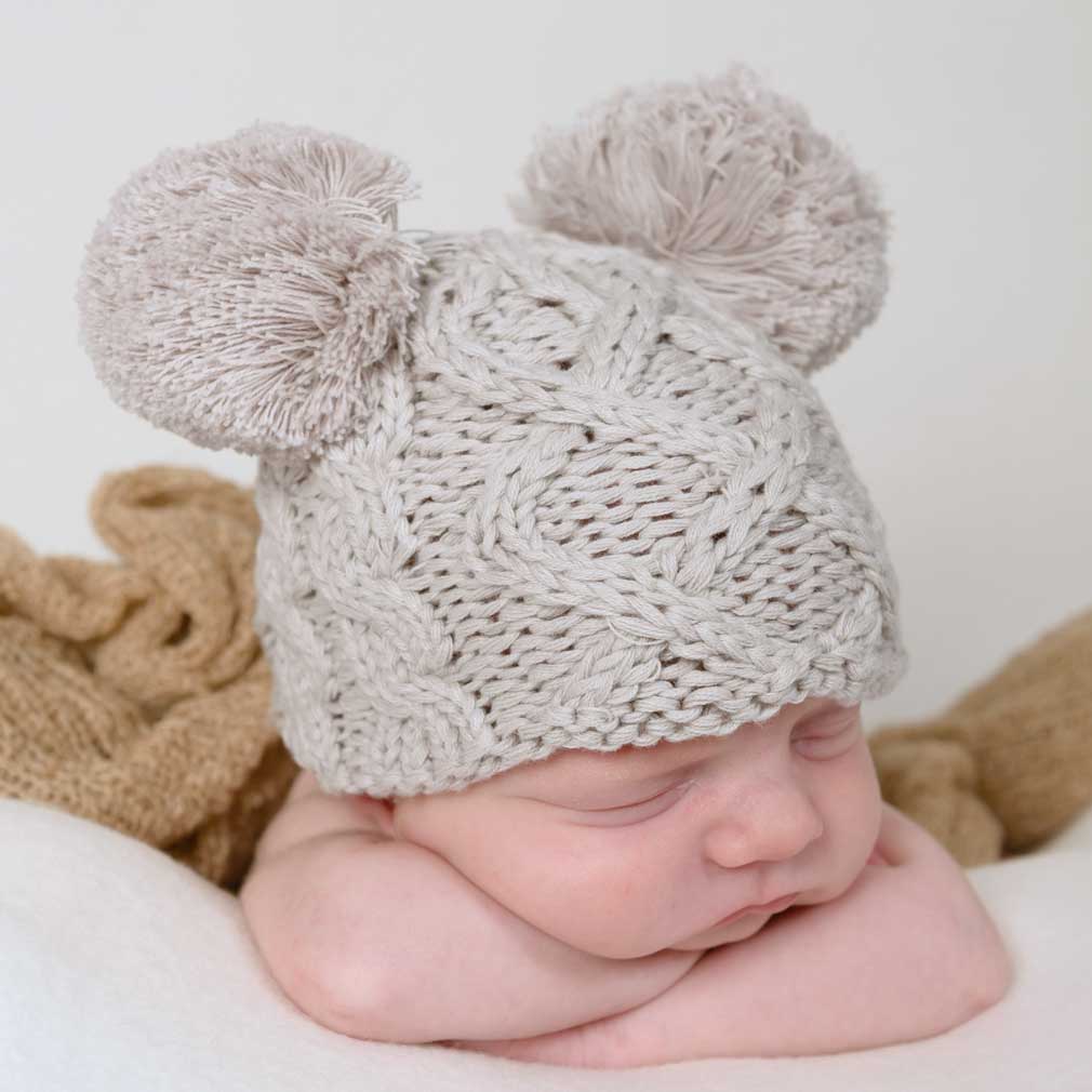 Newborn Aran Birch Double Pom Pom Beanie Hat - Newborn Knits