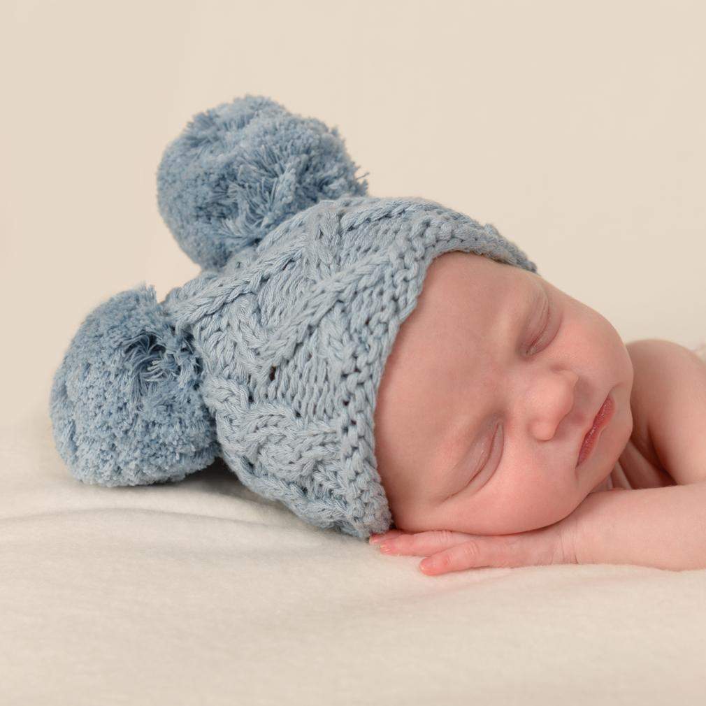 Newborn Aran Chambray Double Pom Pom Beanie Hat - Newborn Knits