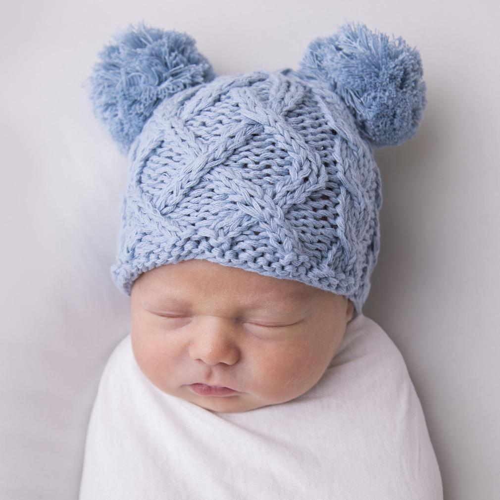 Newborn Aran Chambray Double Pom Pom Beanie Hat - Newborn Knits