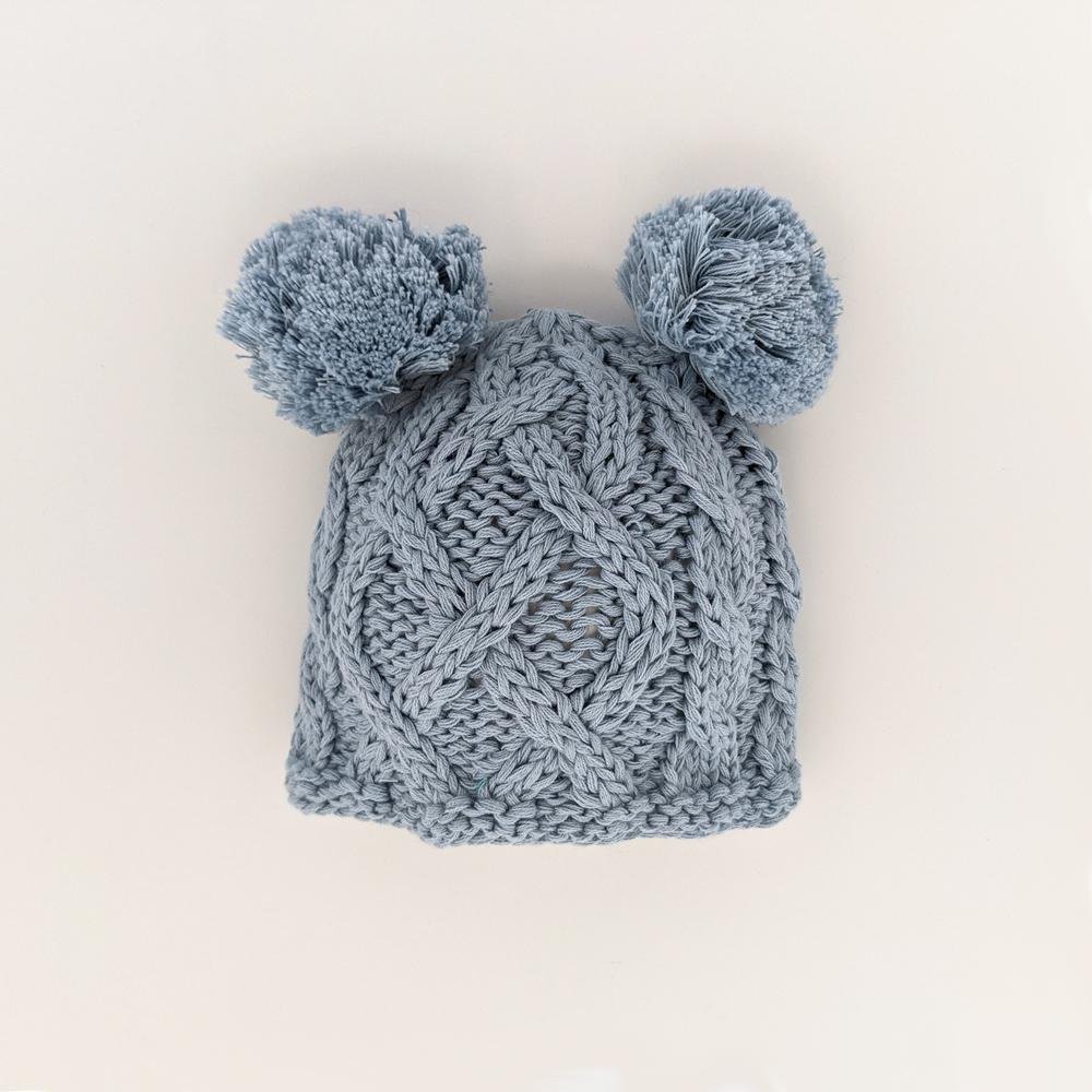 Newborn Aran Chambray Double Pom Pom Beanie Hat - Newborn Knits