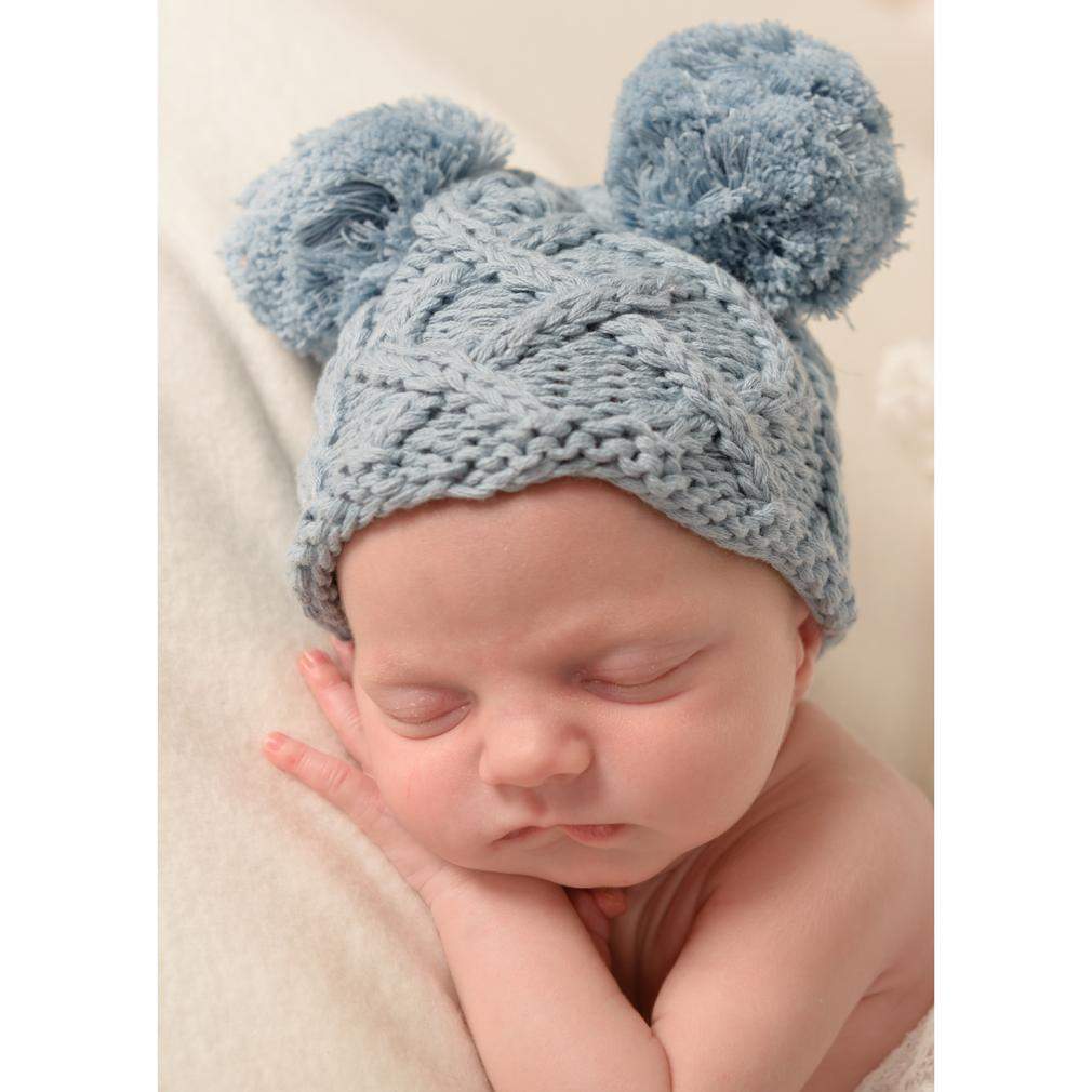 Huggalugs Aran Cable Chambray Double Pom Newborn Beanie Hat