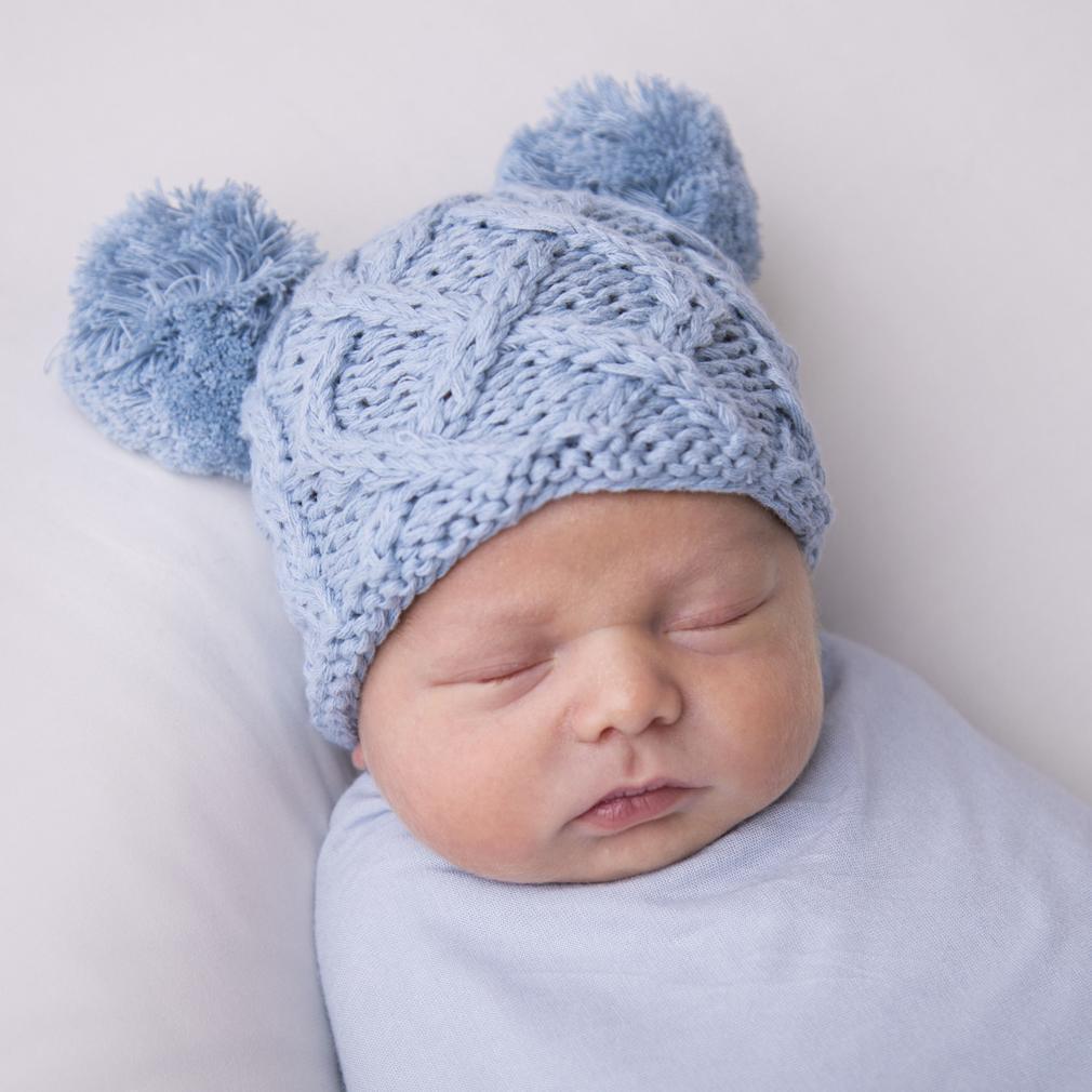 Newborn Aran Chambray Double Pom Pom Beanie Hat Infant - Huggalugs