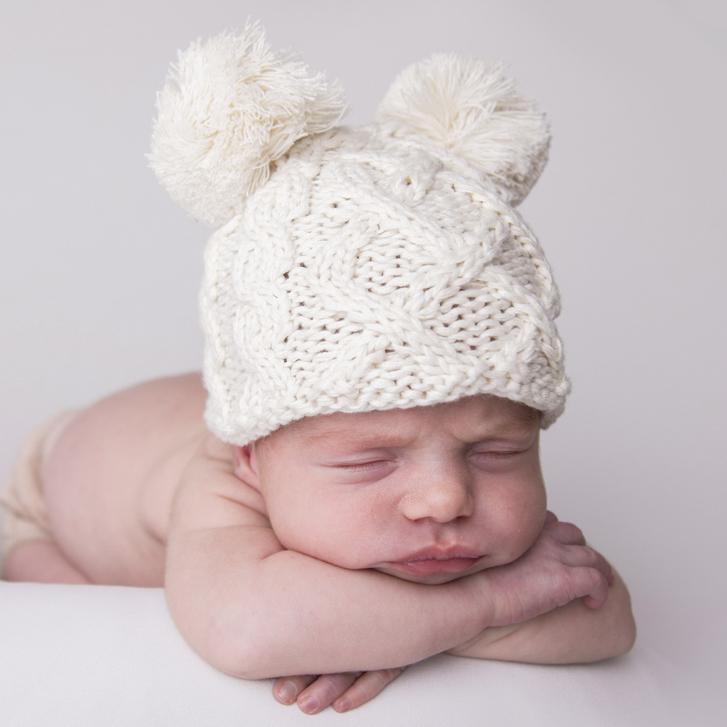 Newborn Aran Natural Double Pom Pom Beanie Hat - Newborn Knits