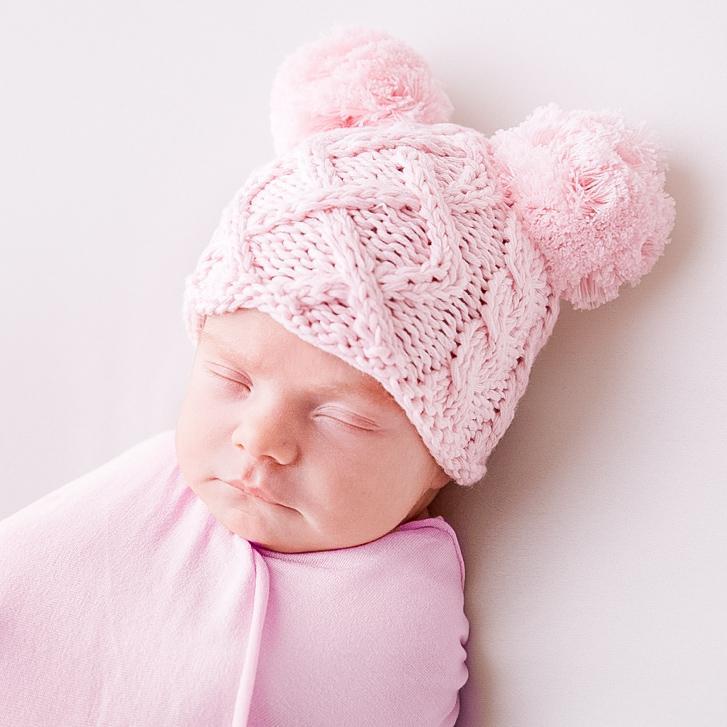 Newborn Aran Pink Double Pom Pom Beanie Hat - Newborn Knits