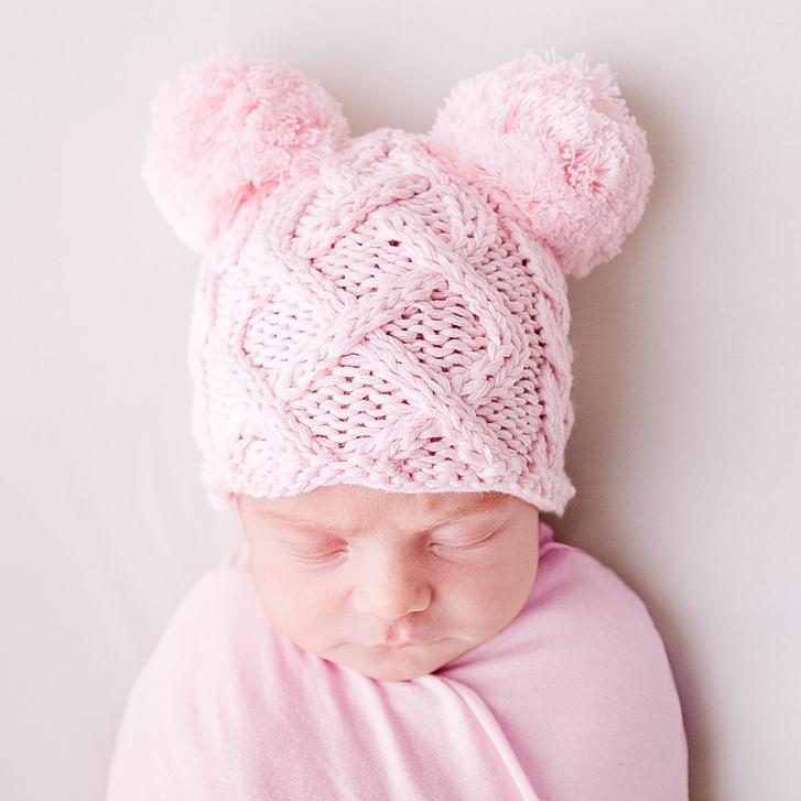 Newborn Aran Pink Double Pom Pom Beanie Hat - Newborn Knits