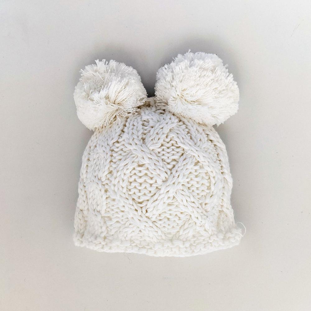 Huggalugs Newborn Aran White Double Pom Pom Beanie Hat