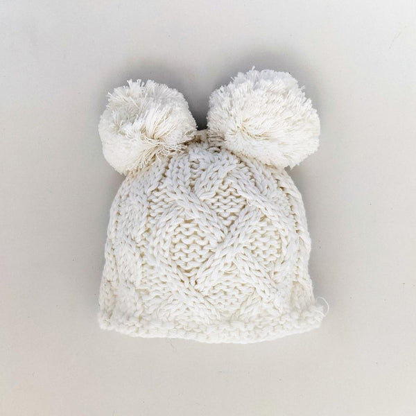 Newborn Aran White Double Pom Pom Beanie Hat - Huggalugs