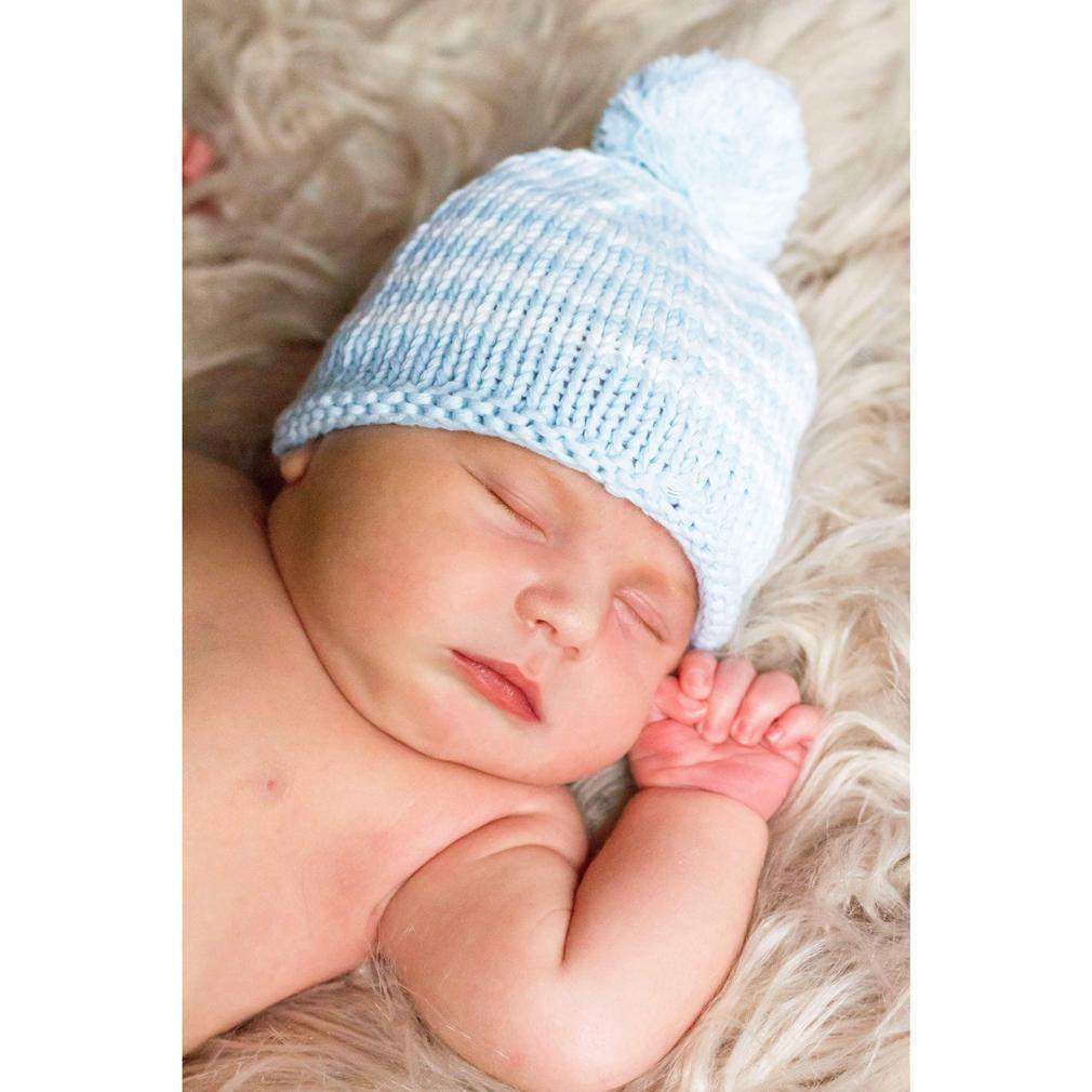 Newborn Blue Pom Pom Beanie Hat - Newborn Knits