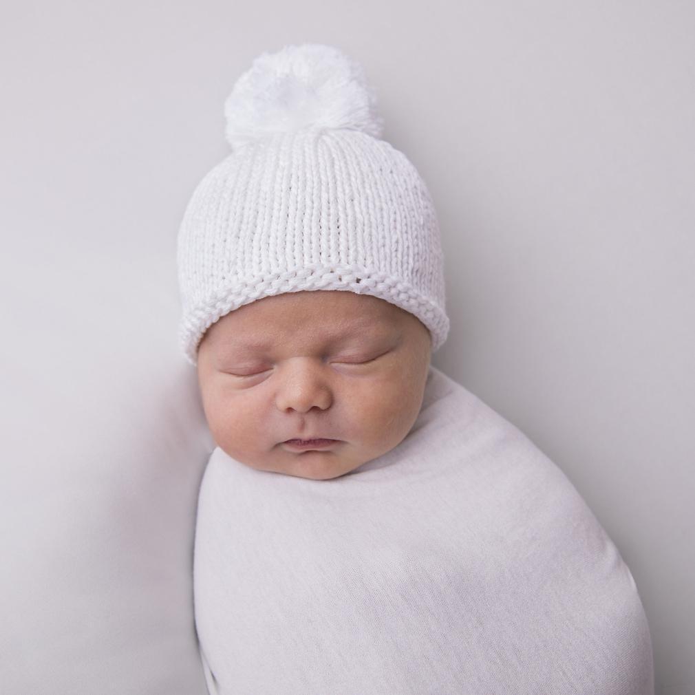 Newborn White Pom Pom Beanie Hat - Newborn Knits