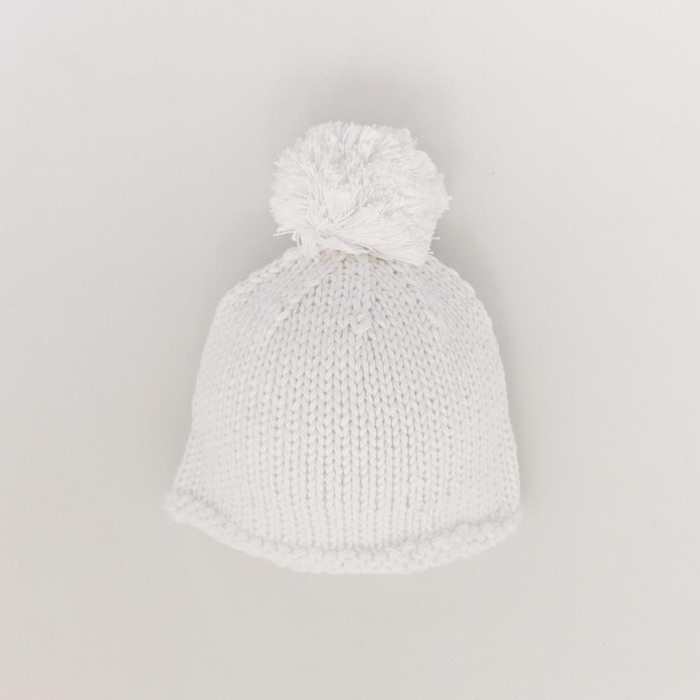 Newborn White Pom Pom Beanie Hat - Newborn Knits