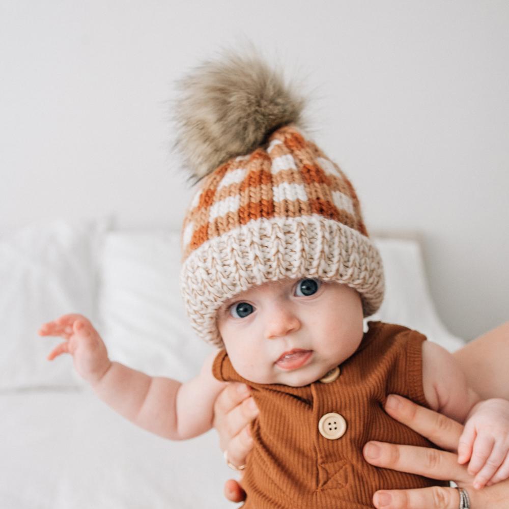 Baby Plaid Gingham Fur Pompom Knit Beanie Hat