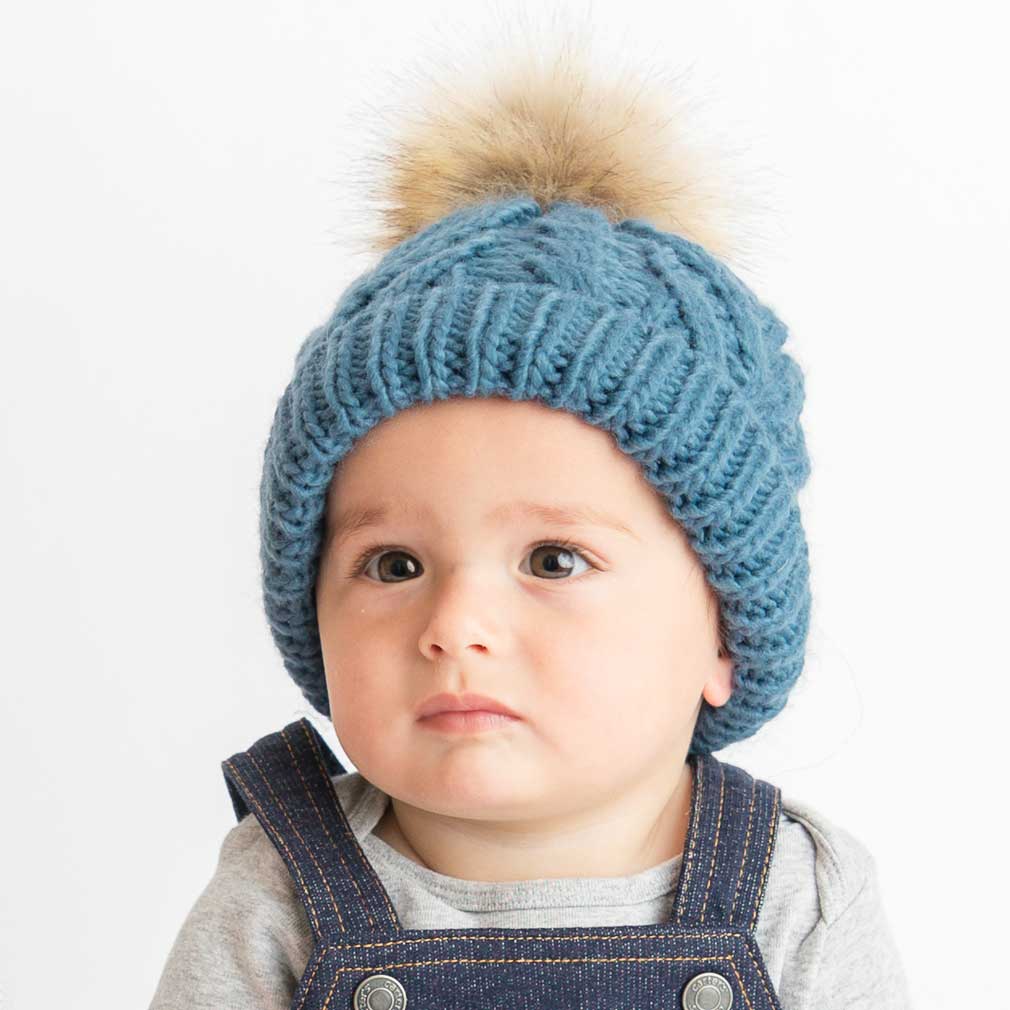 Slate Blue Pop Pom Pom Beanie Hat - Beanie Hats