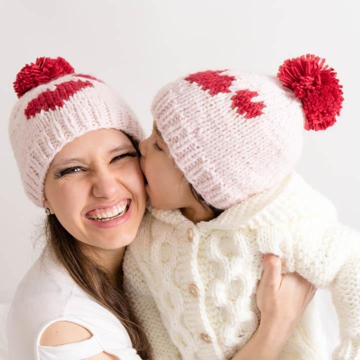 Mini Heart fashion Mommy and Me hats. Matching hats. Mother/Daughter hats.Chunky hats.Winter hats. Hats with faux fur pompoms.Ready to ship hat